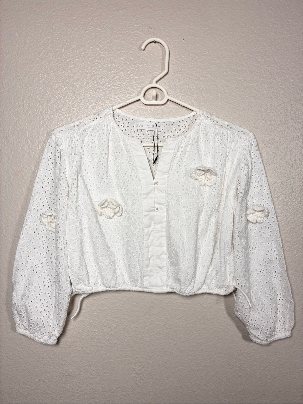 ZARA NWOT Girls White Eyelet Embroidered Floral Cropped Blouse Boho Top SZ 10